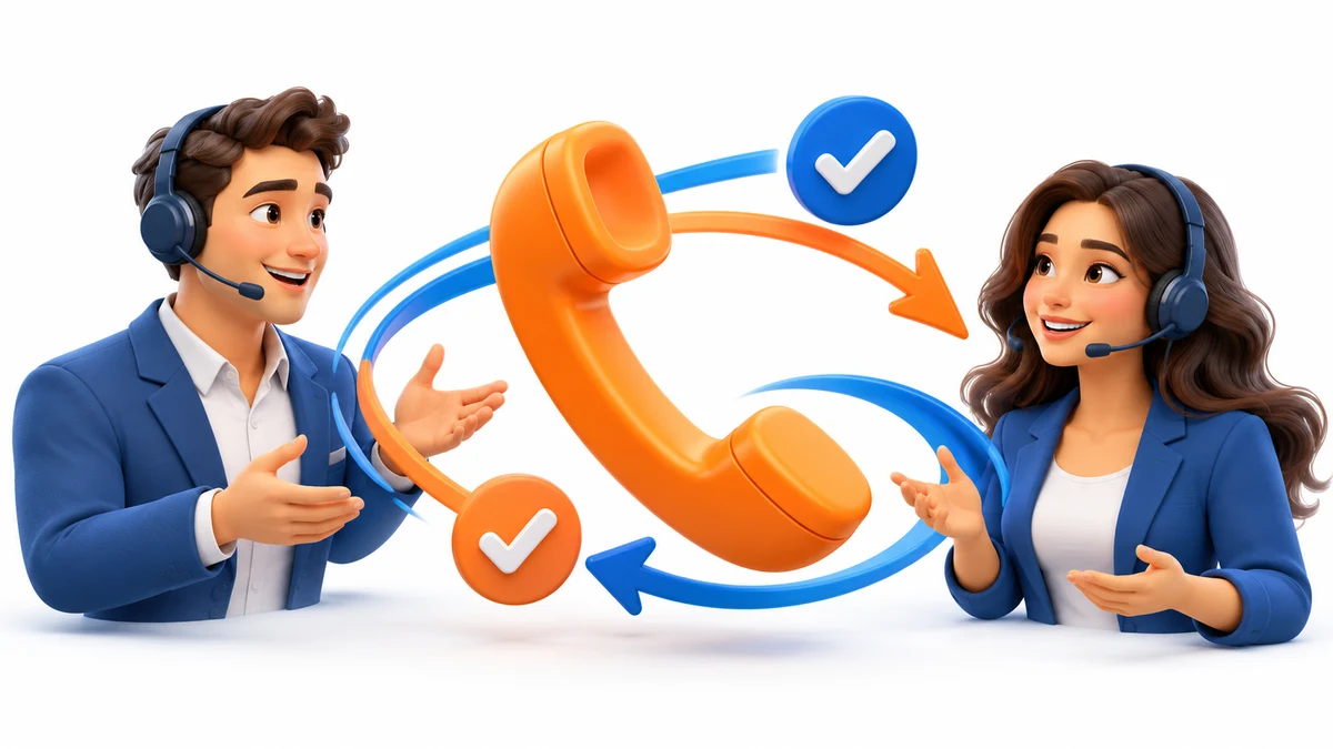Two headset-wearing advisors linked by a telephone and flowing connection arcs.