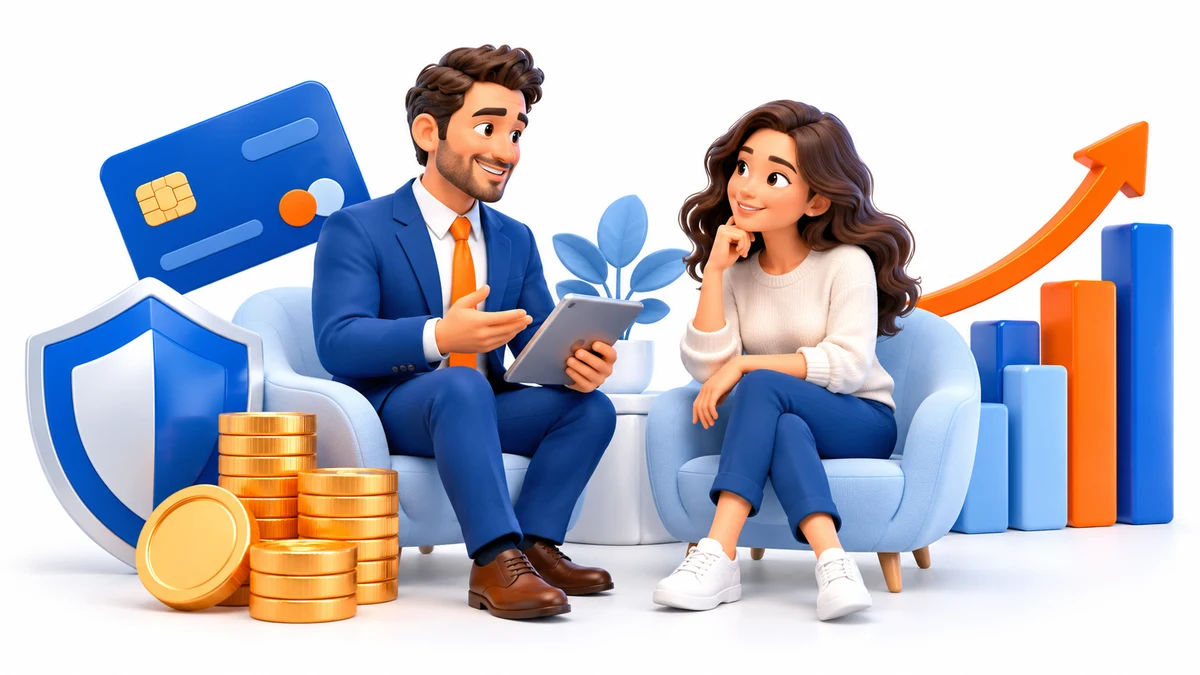 A financial advisor and customer with credit, savings and growth symbols.