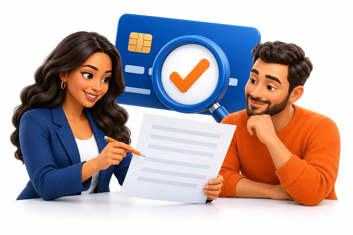 Credit services advisor reviewing a credit report with a customer beside a credit card and magnifying glass.