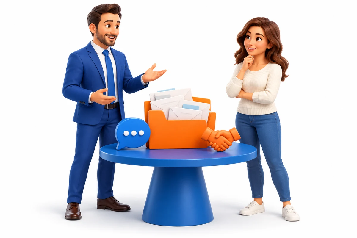 A debt advisor and customer standing beside organized bills, an orange folder and conversation symbols.