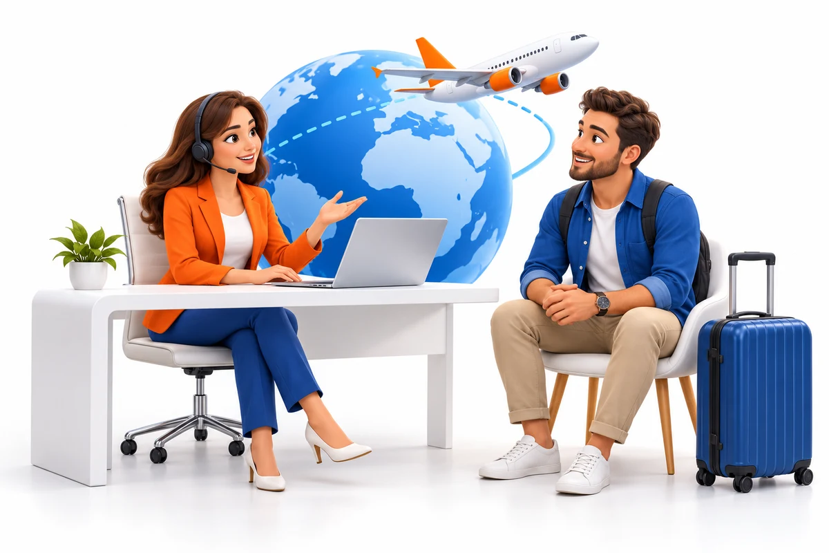 Travel booking agent with a headset speaking with a traveler beside a suitcase, globe and passenger airplane.