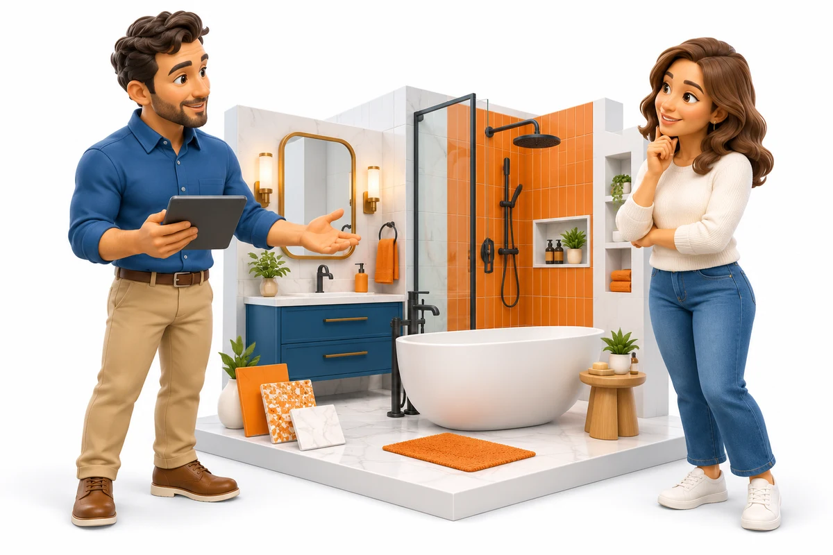 Bathroom designer and homeowner discussing a miniature bathroom with a tub, vanity, shower and tile samples.