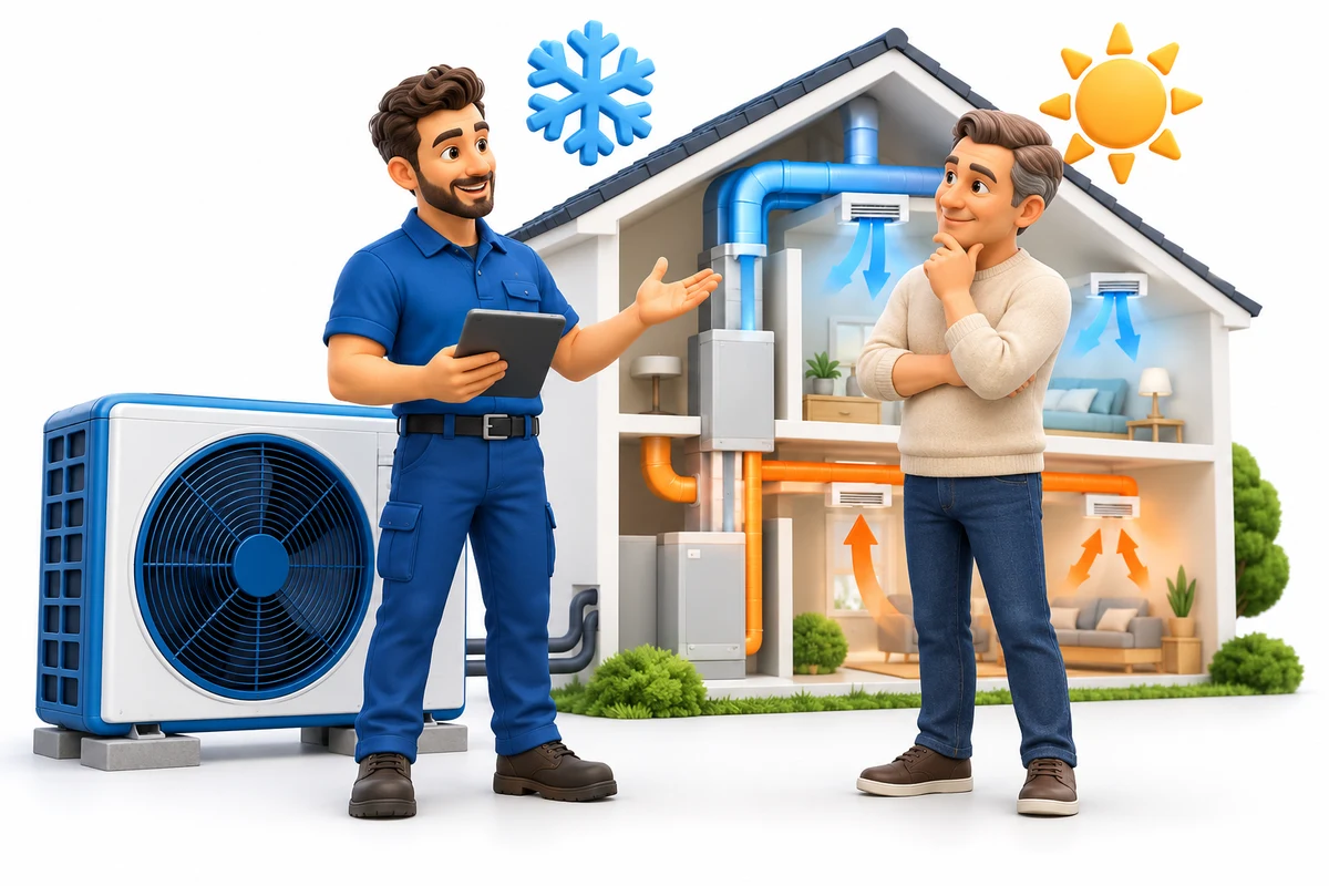 HVAC engineer and homeowner beside a heat pump and a house cutaway showing heating and cooling airflow.
