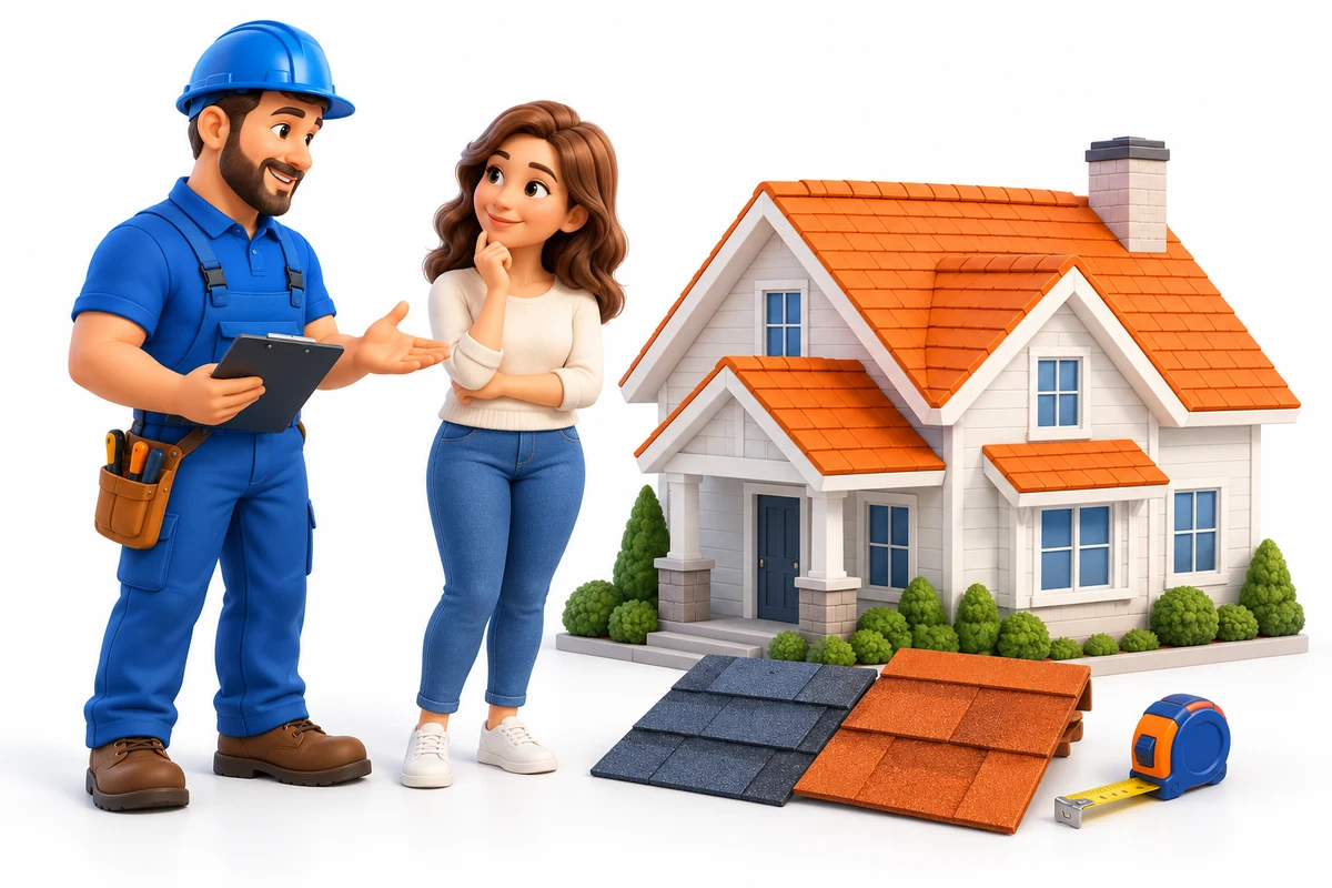 Roofer and homeowner discussing a house with an orange roof alongside shingles and measuring tools.