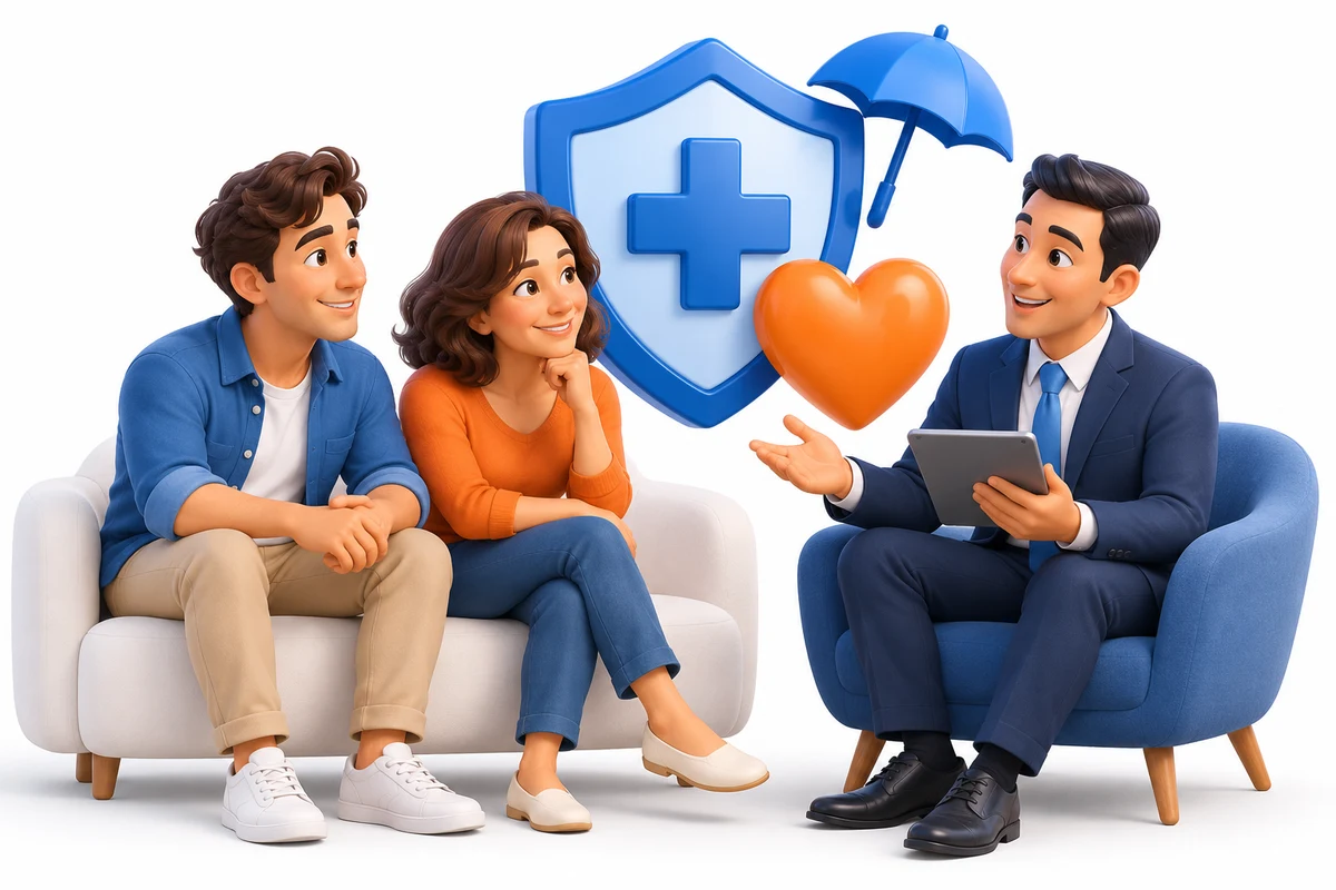 Working-age adults consulting a health insurance advisor beside a medical cross and protective umbrella.