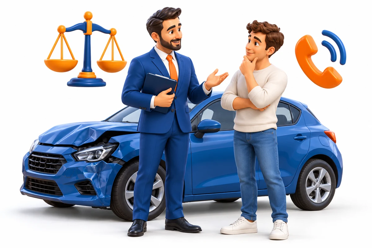A lawyer and customer with a car, balance scales and phone symbols.