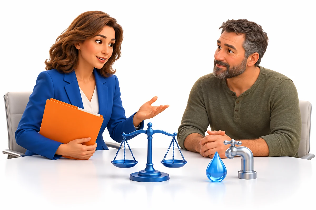 Legal intake advisor and civilian veteran discussing a file beside water and legal symbols.