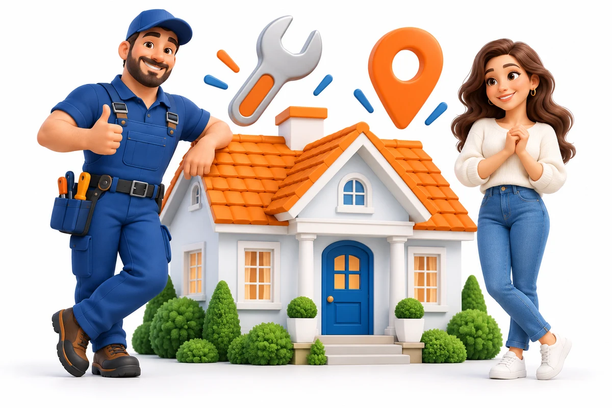 A home services professional and homeowner beside a miniature house and tools.