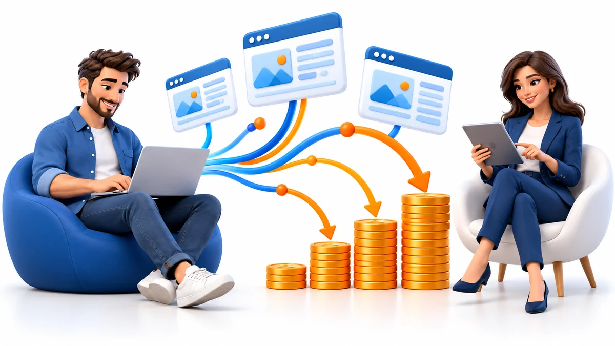 A publisher and business buyer connected through website, demand and revenue symbols.